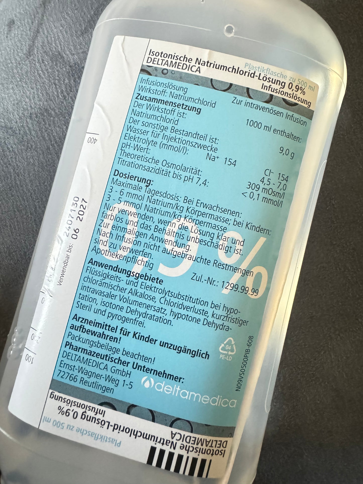 Saline 0.9% – 500ml Bottle for Infusion | DELTAMEDICA