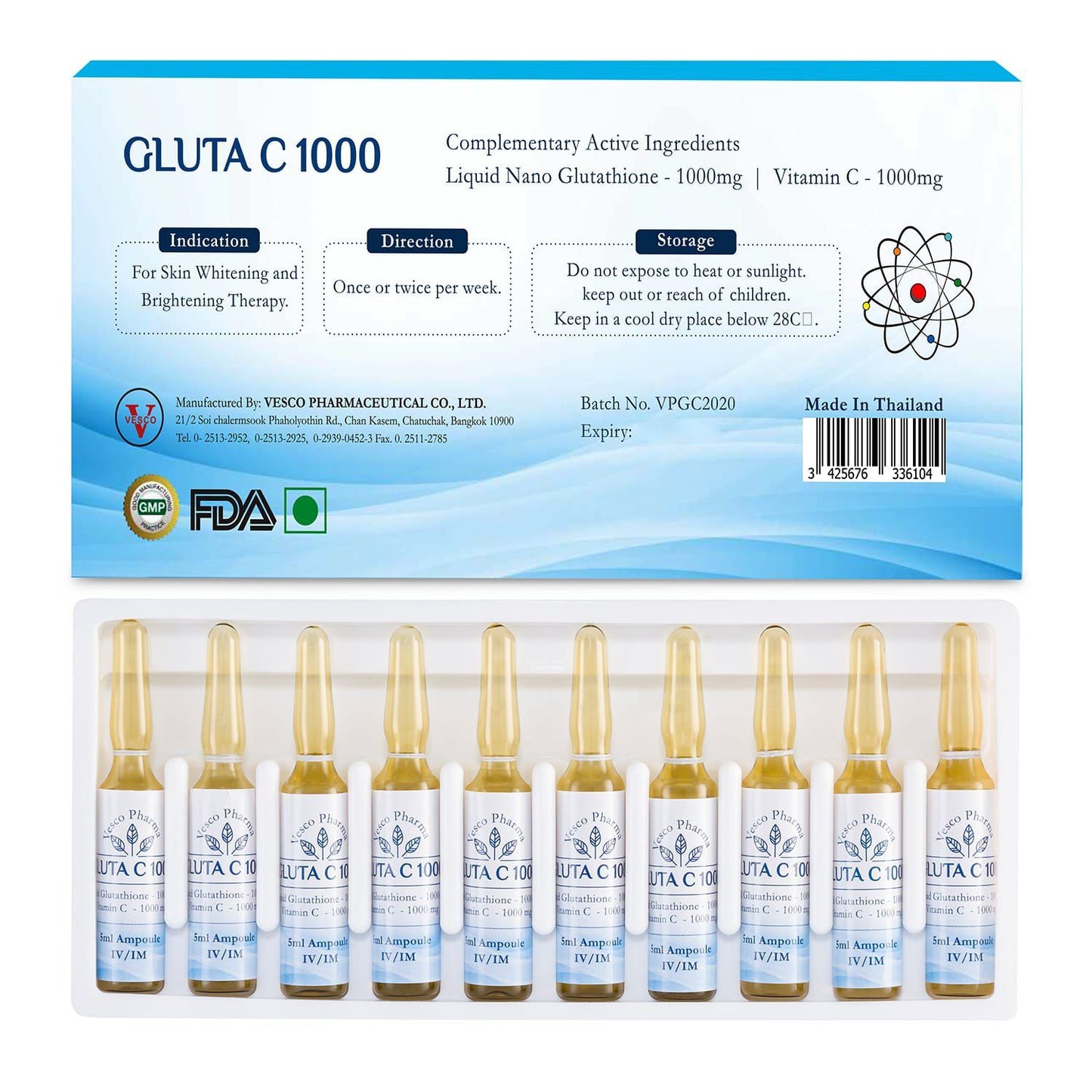 Glutathione 1000mg + Vitamin C Complex – 10 x 5ml Ampoules