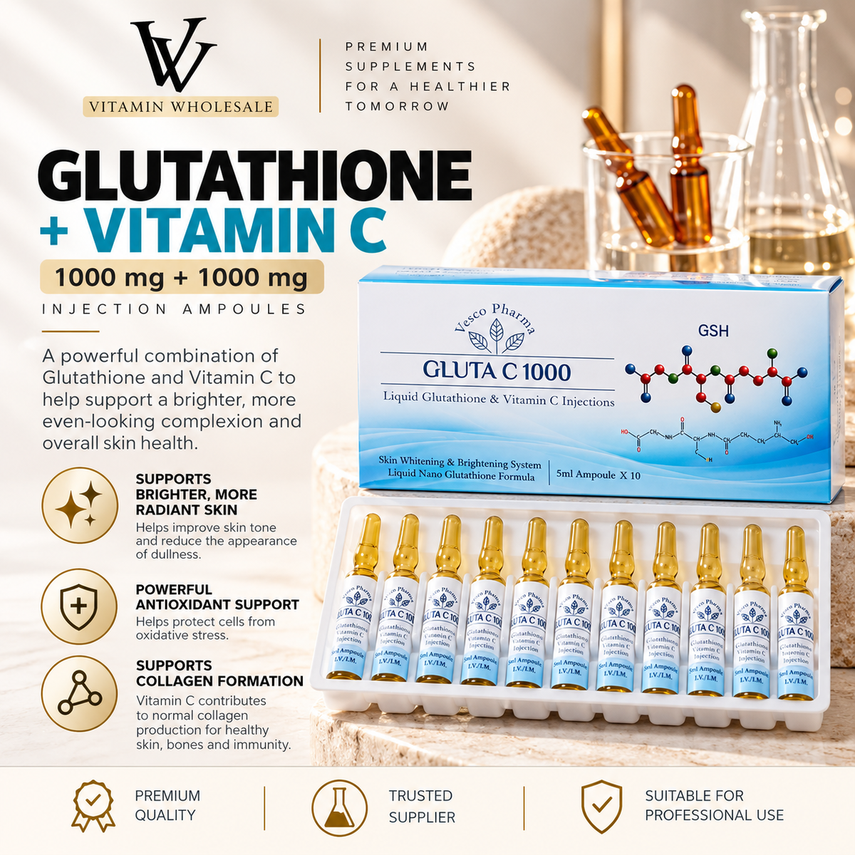 Glutathione 1000mg + 1000mg Vitamin C Complex – 10 x 5ml Amp (shipping from 14/10)
