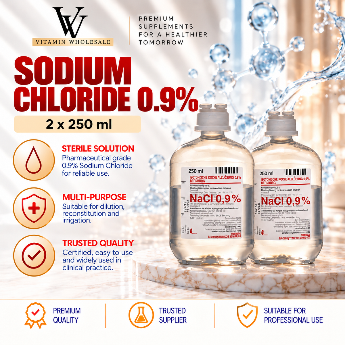 Saline 0.9% – 2 x 250ml Bottle (Sterile Isotonic Solution)
