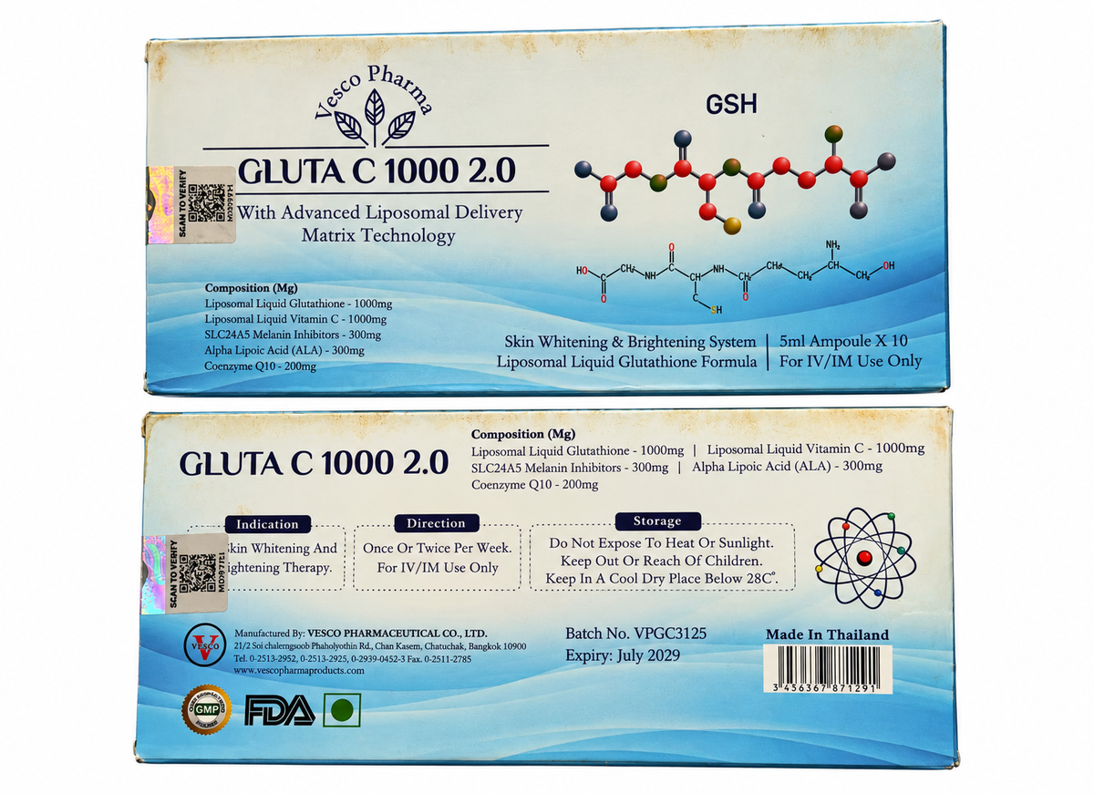 Glutathione 1000mg + 1000mg Vitamin C Complex – 10 x 5ml Amp (damaged outer box)